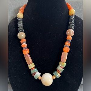 Artisan Mixed Gemstone Necklace Carnelian Agate Jade Boho Statement - Vintage